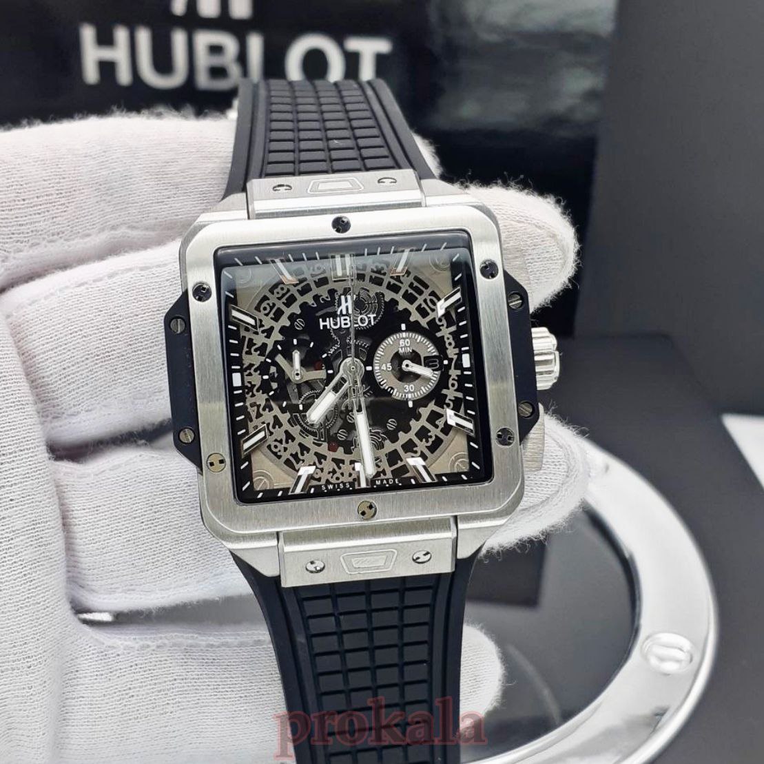 ساعت هابلوت مردانه مربعی قاب سیلور بند مشکیHublot